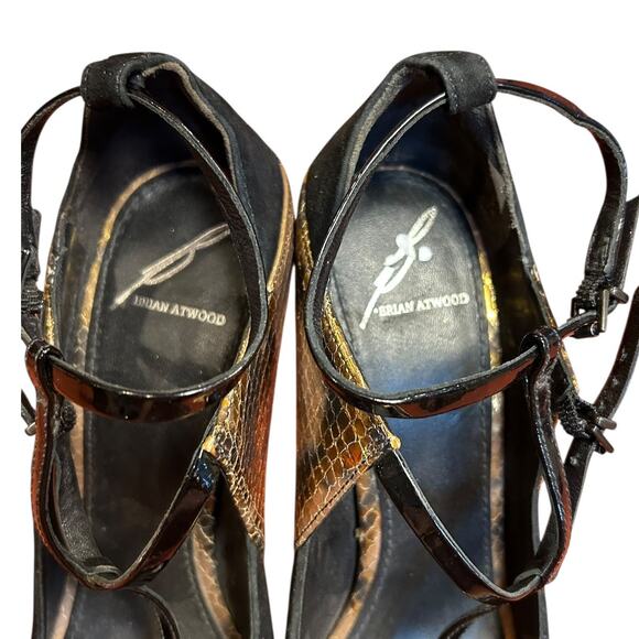 BRIAN ATWOOD Animal Print Reptile Gold Campisa T Strap Platform Sandal Heels 6.5 - Picture 9 of 9